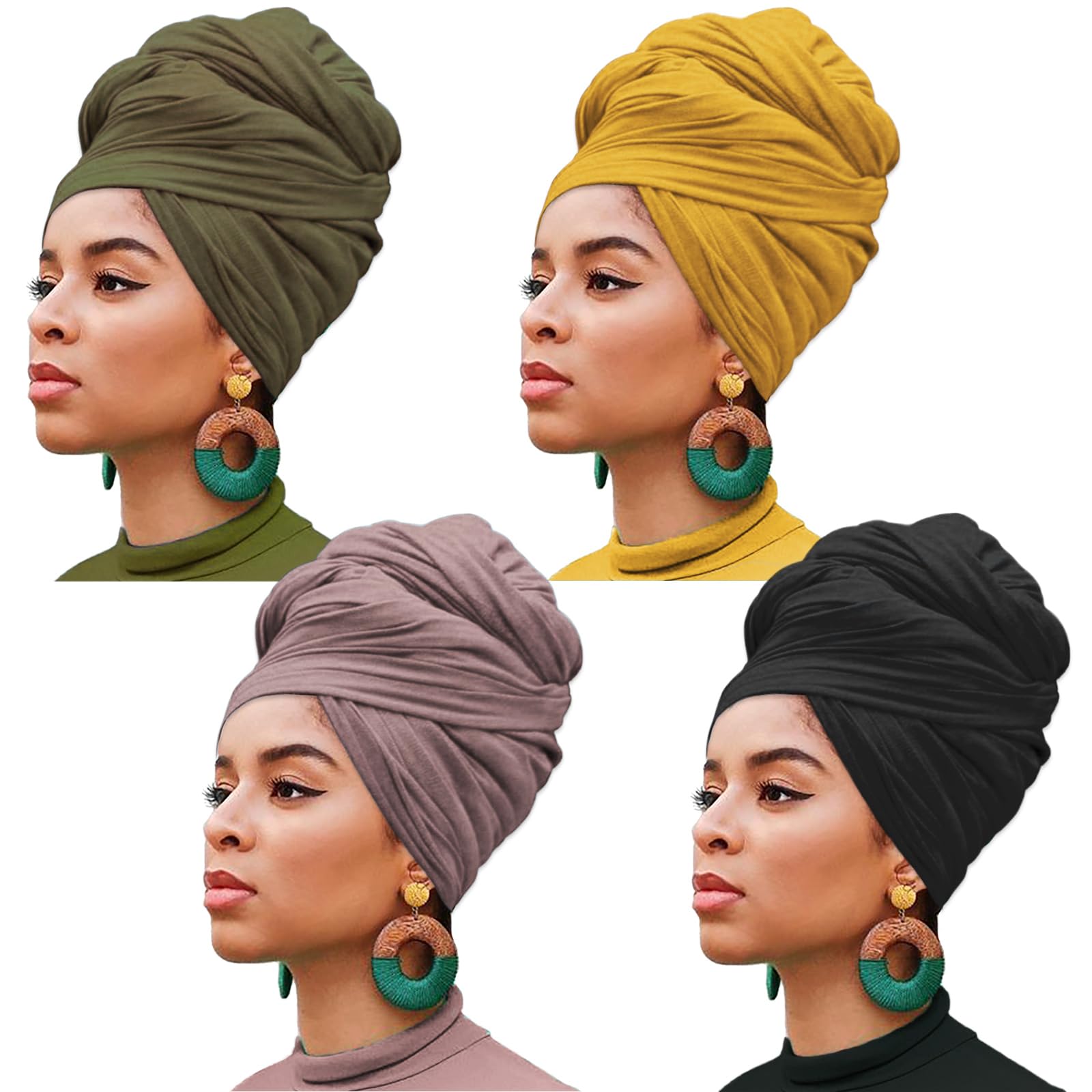 XTREND 4 piezas de turbante elástico para la cabeza, diadema africana para mujer, largo hiyab suave y transpirable (negro, verde militar, polvo de cuero, cúrcuma)