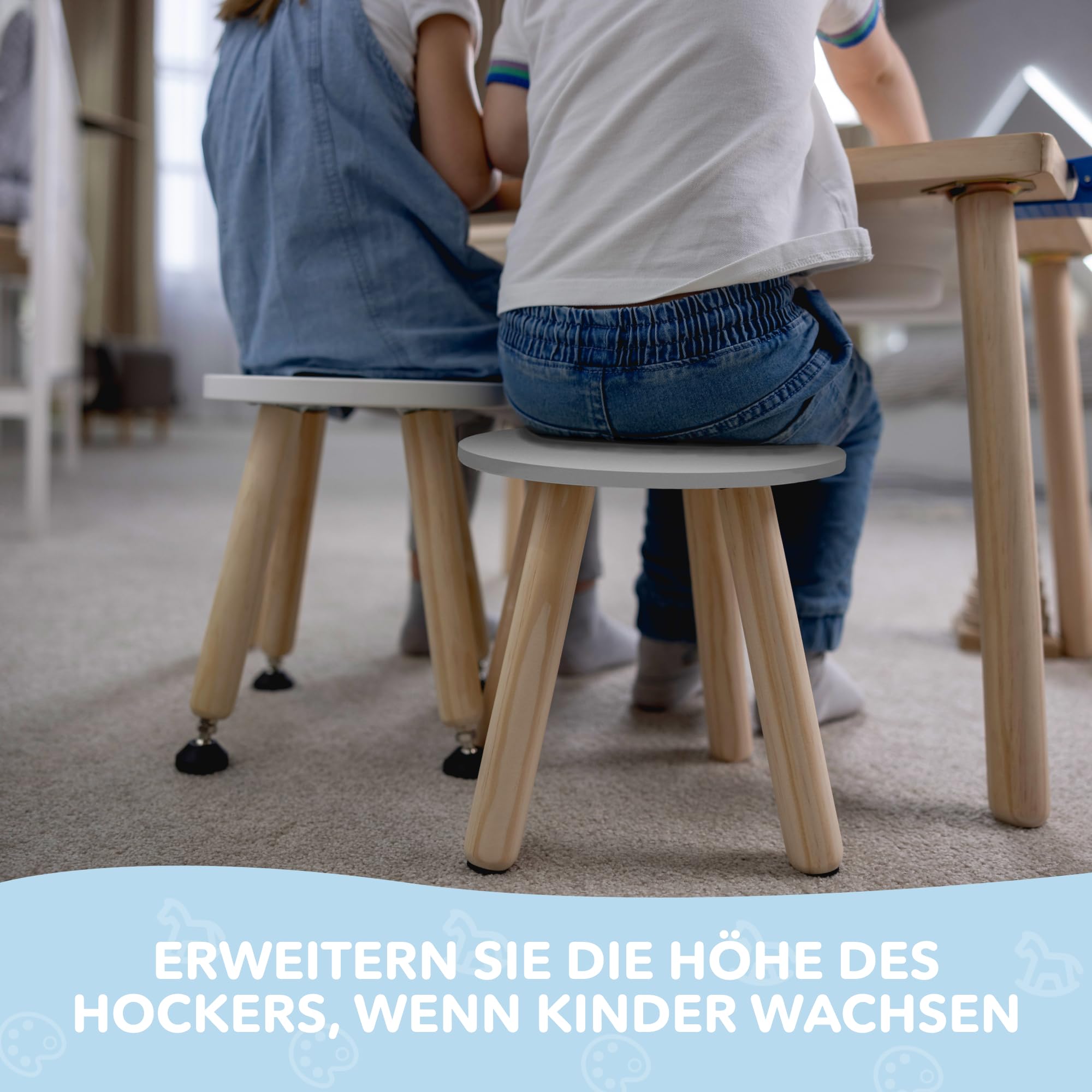 Cateam Tritthocker aus Holz für Kinder und Kleinkinder – 2er-Set – Weiß – Kinderhocker mit ausziehbaren Beinen – sensorischer Tischhocker – runder Sitzhocker für Kinder mit Nivellierfüßen