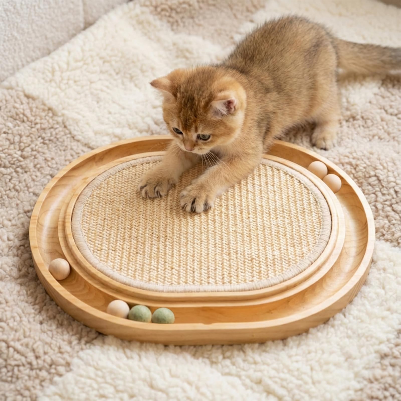 Polegas Cat Scratching Board, 2-IN-1 Cat Scratcher for All Cats to Play and Relax, Wooden Cat Toy for Indoor - Sisal Scratching Board and Catnip Balls 43x33x3cm