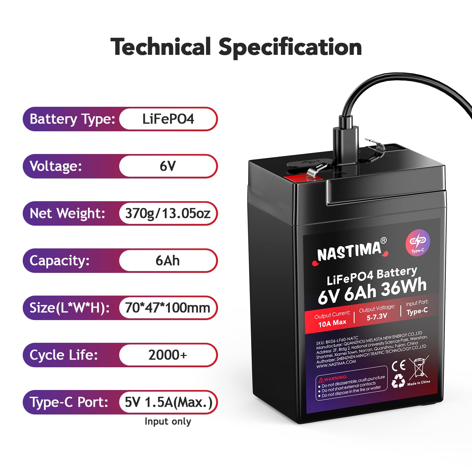 NASTIMA Batterie Rechargeable 6V 6Ah LiFePO4 avec Protection BMS et Cycle Profond 2000, Chargement Type-C, adaptée aux Kits de Éclairage Électrique de Secours, Voitures Jouets pour Enfants, Camping