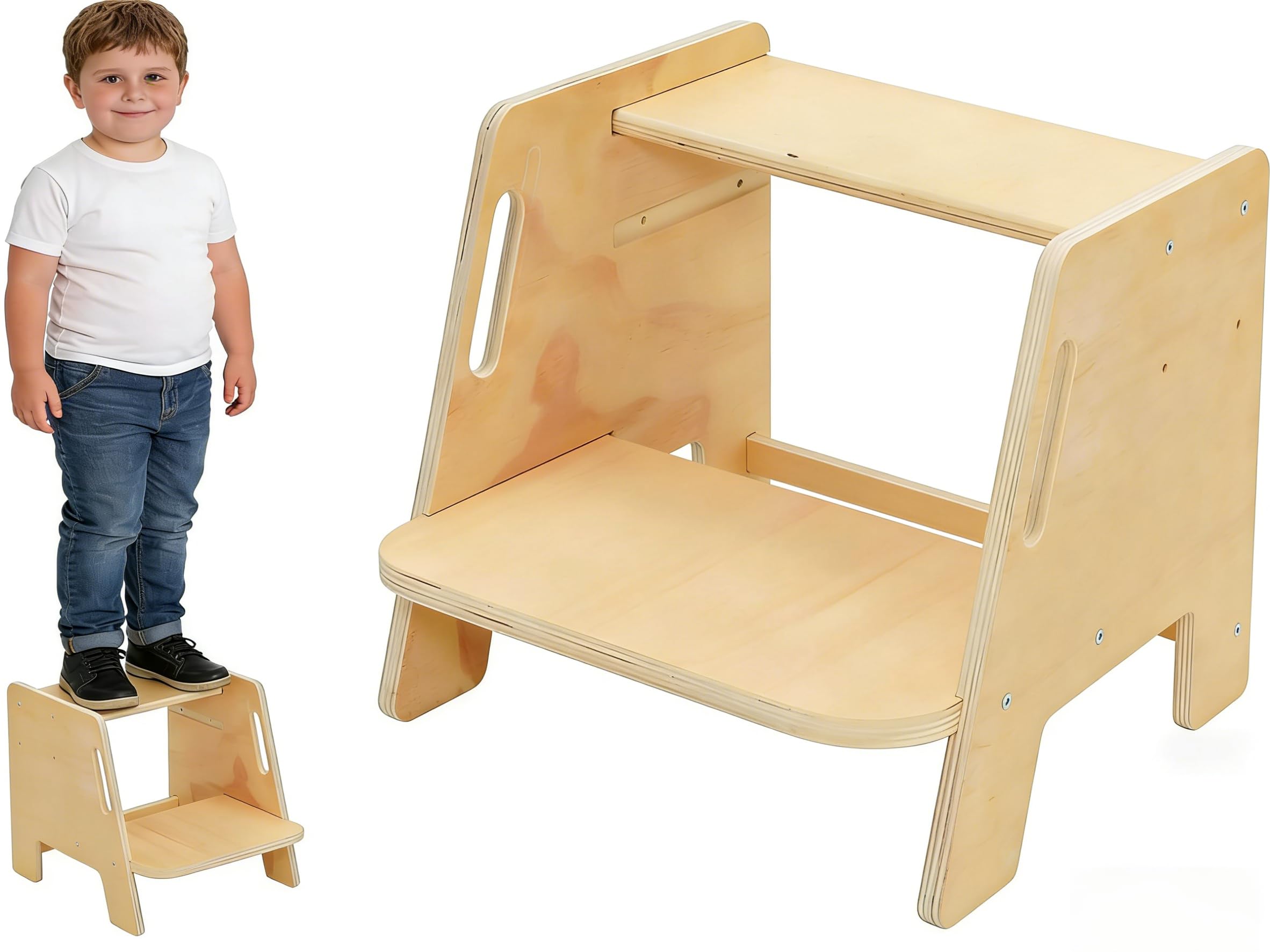 Tritthocker Kinder 2 Stufen, rutschfest tritthocker Holz mit Griff,Stabiler tritthocker, Tragfähigkeit bis zu 150KG, Kinder fußbank für Bad, Waschbecken, Küche, Kinderzimmer, Schlafzimmer