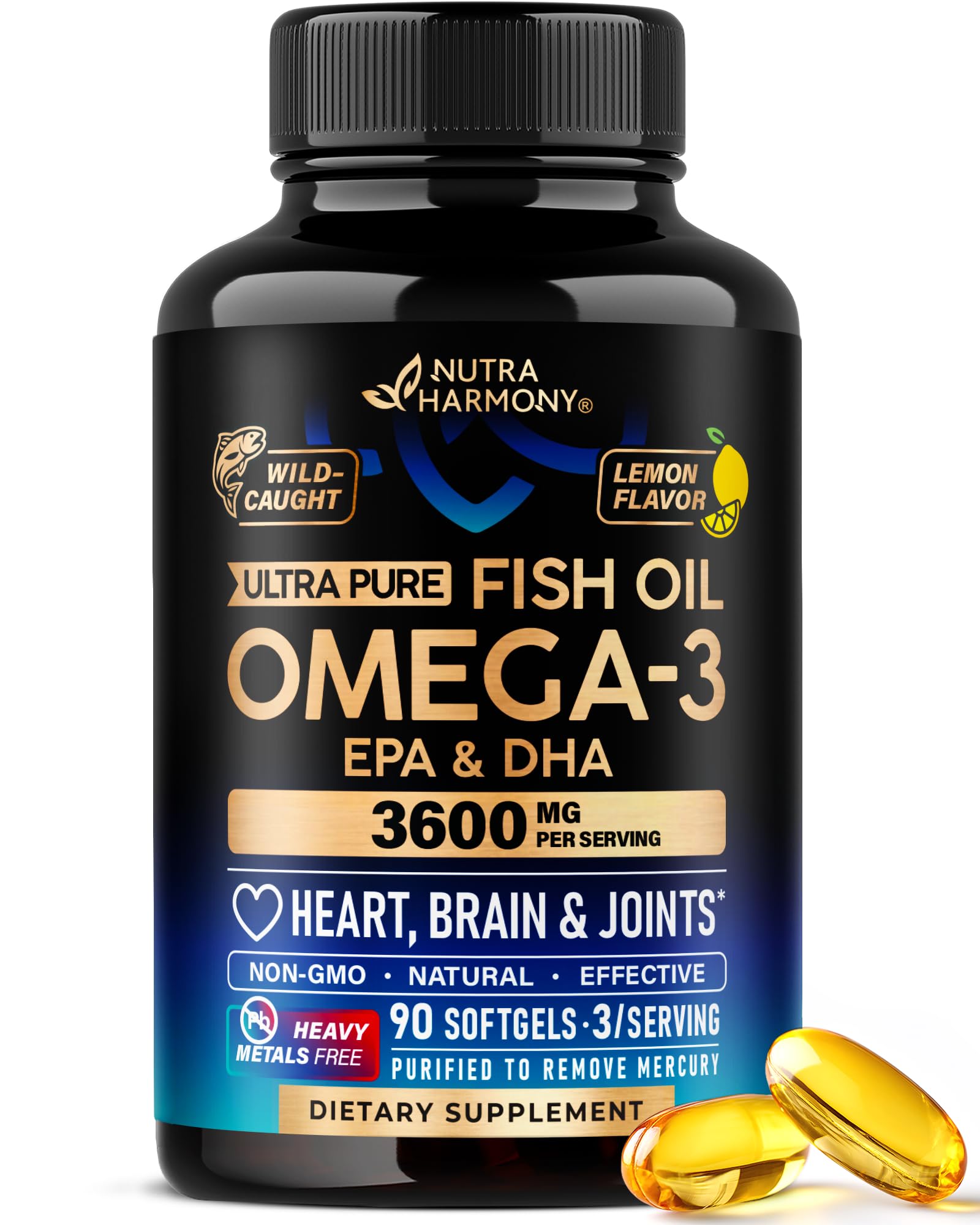 Omega 3 Fish Oil 3600 mg - Omega 3 Supplement | EPA & DHA - Heavy Metals Free - Heart, Brain & Joint Support - Purified Fish Oil for Men & Women - Burpless, Lemon Flavored - Made in USA, 90 Softgels