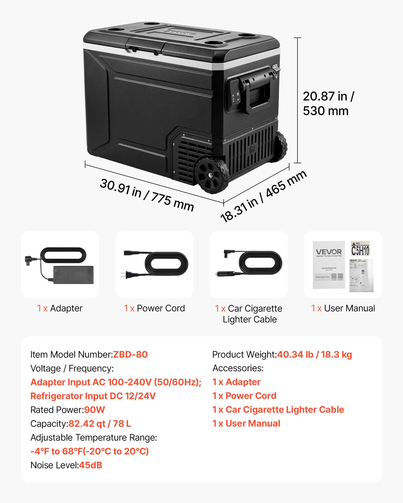 VEVOR Frigorifero Elettrico Portatile per Auto, Frigo Portatile con Ruote per Campeggio Viaggio Picnic Barbecue Feste Barche Capienza 78 Litri, Mini Frigo a Compressore da -20 a 20°C, Controllo APP