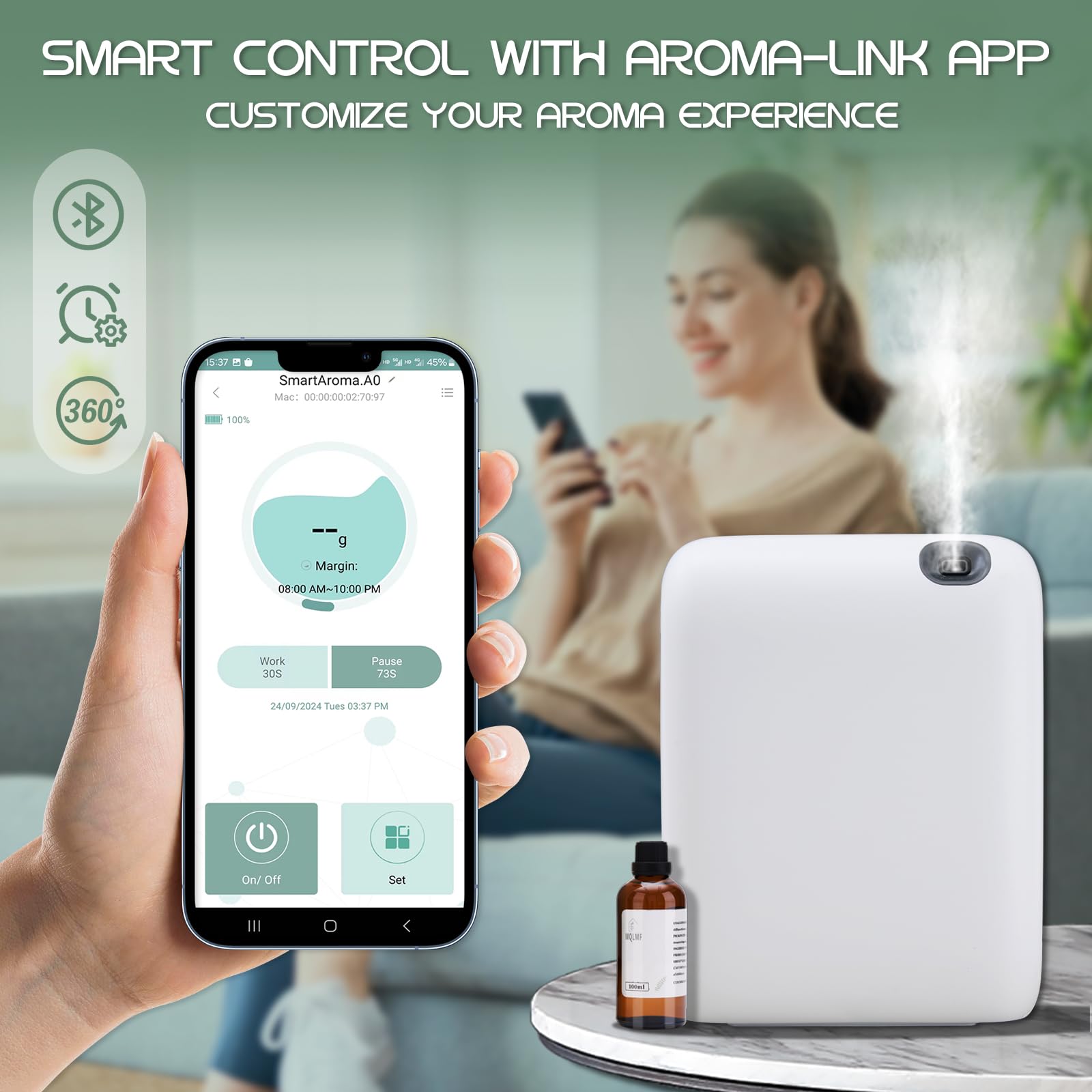 Difusor de la colección de hotel, aplicación Bluetooth, inalámbrico, funciona con pilas, difusor de aceite esencial sin agua, máquina de aire aromático para el hogar, difusores de aire frío para