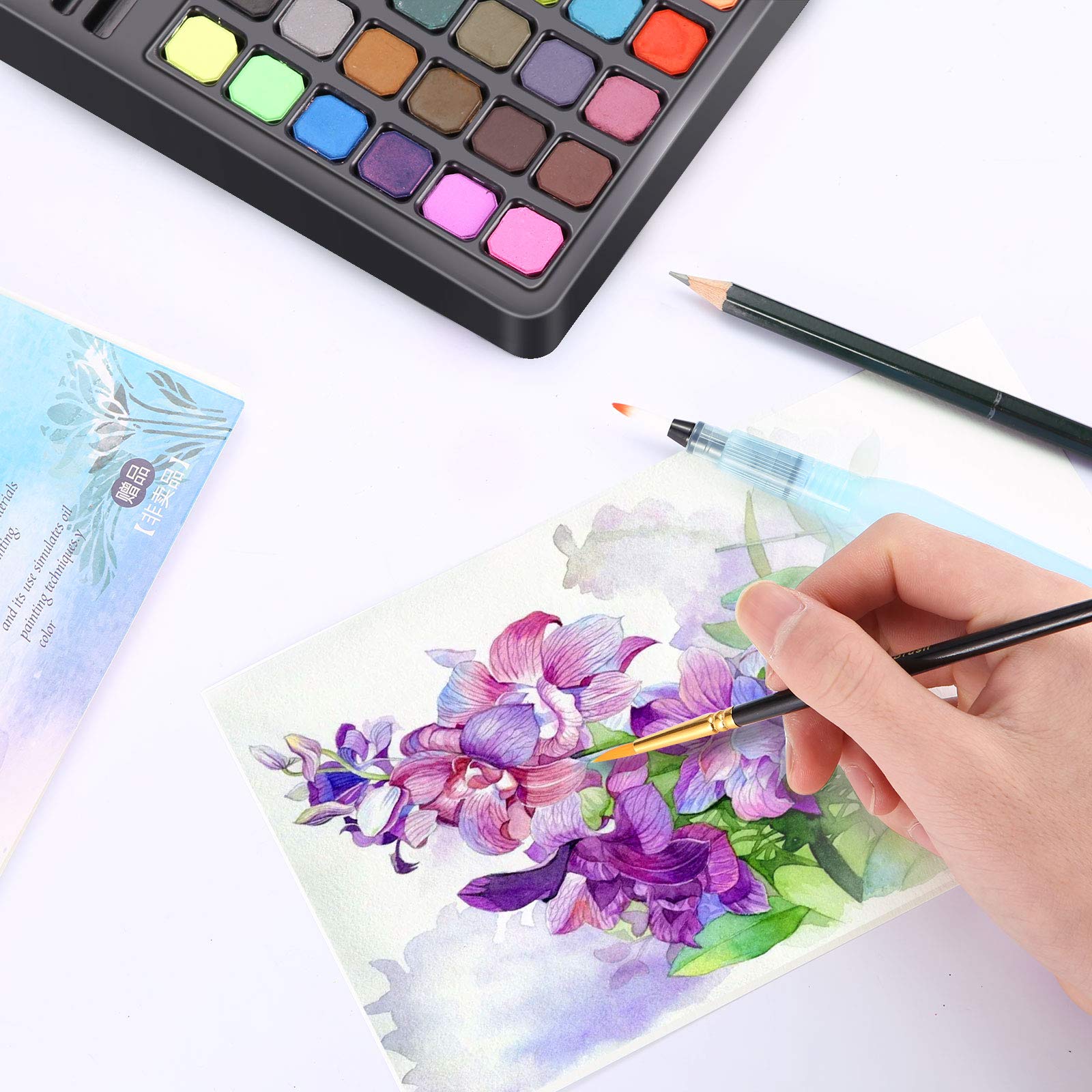 Atyhao Set Pittura Ad Acquerello 48 Colori Con 12 Perlati - Scatola Metallica Portatile Con Pennelli, Matita E Spugna - Regalo Per Artisti E Principianti - 4