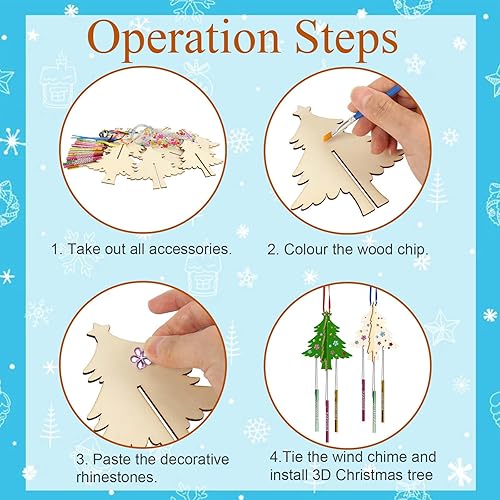 Miniatura 5 de Paquete de 6 carillones de viento para niños, kits de manualidades de Navidad, bricolaje 3D, carillón de viento de madera sin terminar, adornos de