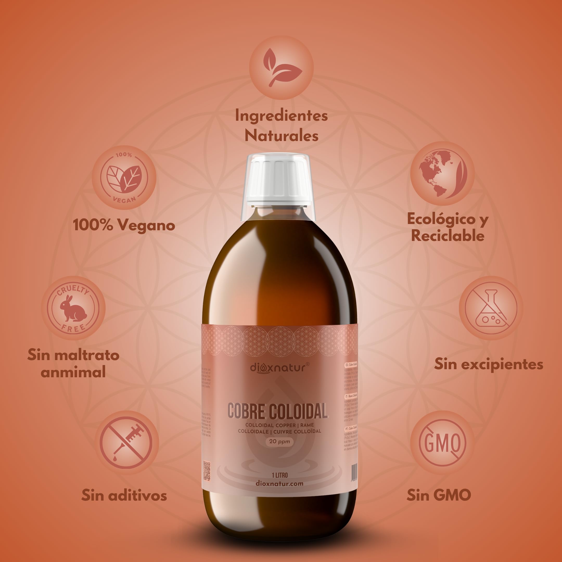 Kolloidales Kupfer, 1 l, 20 ppm, 99,99 % Reinheit, flüssige Lösung mit Bidetwasser, bernsteinfarbene Glasflasche mit Messbecher