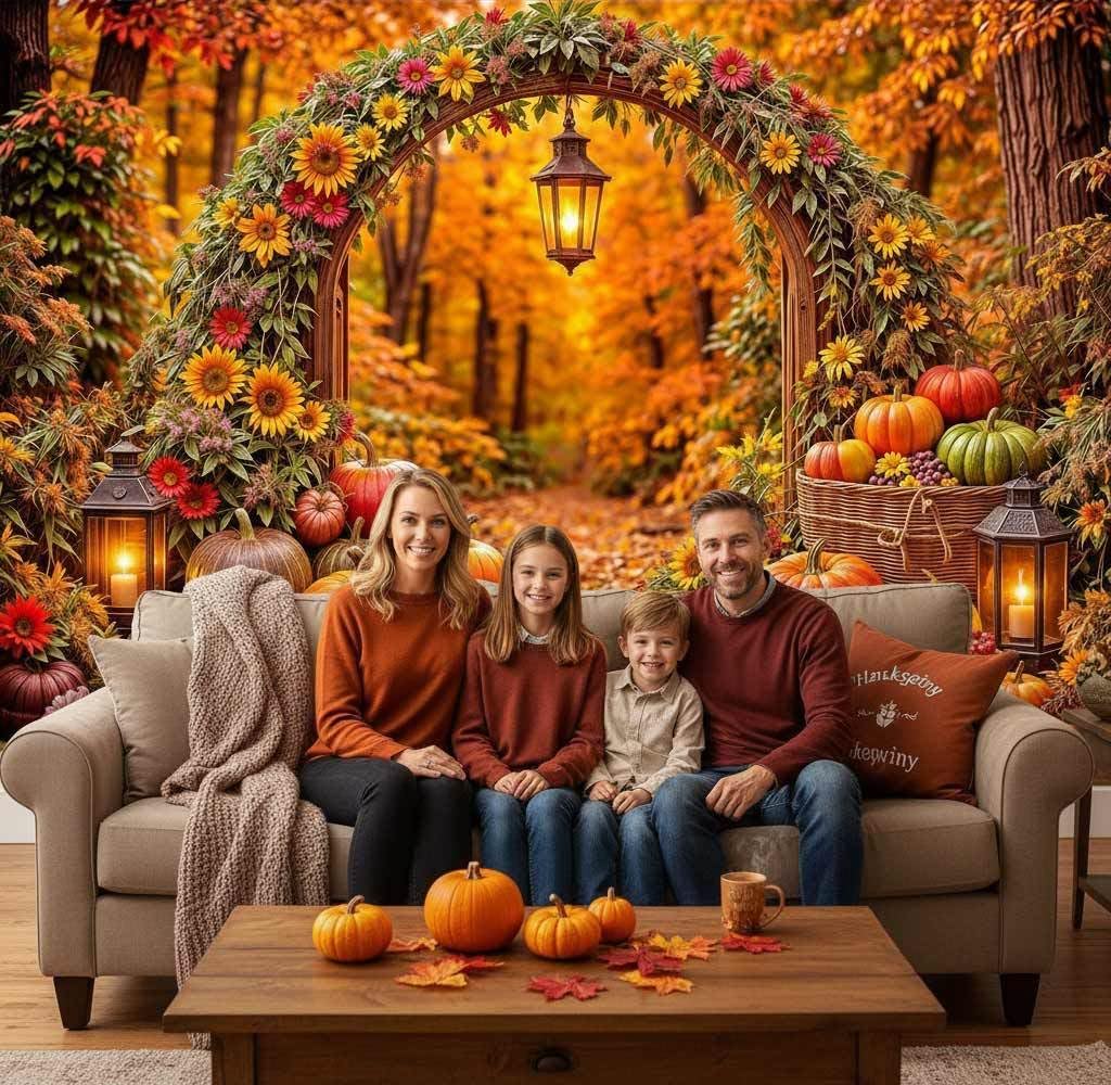 Fondale fotografico autunnale per il Ringraziamento, 2,1 x 1,5 m, con zucca, raccolto e arco, con girasoli, foglie d'acero e lanterne, per servizi fotografici di famiglia, accessori per foto e
