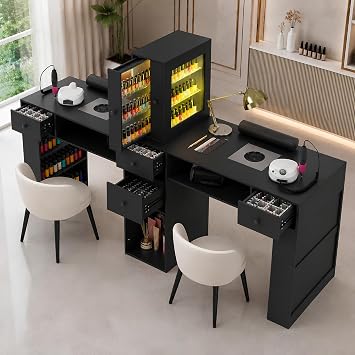 Double Manicure Table with Dust Collector, Two Person Nail Desk for Nail Tech, Nail Salon Table with LED Light Cabinet, Storage Drawers, Hand Rest, for Professional Beauty Salon Workstation Black