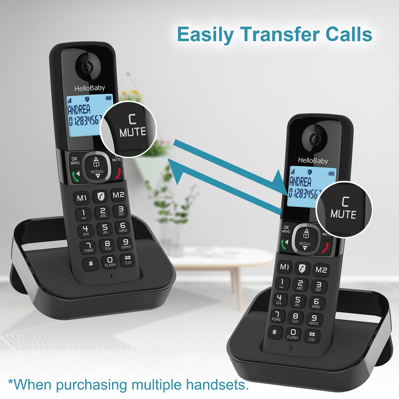 Two Hellobaby Cordless Phones illustrating call transfer between handsets