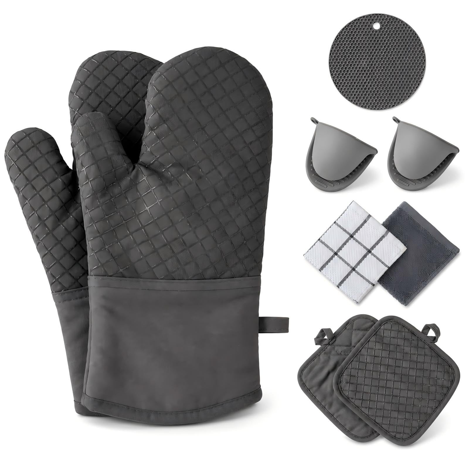 Gants de cuisine isolants contre les brûlures avec maniques grises pour plats chauds