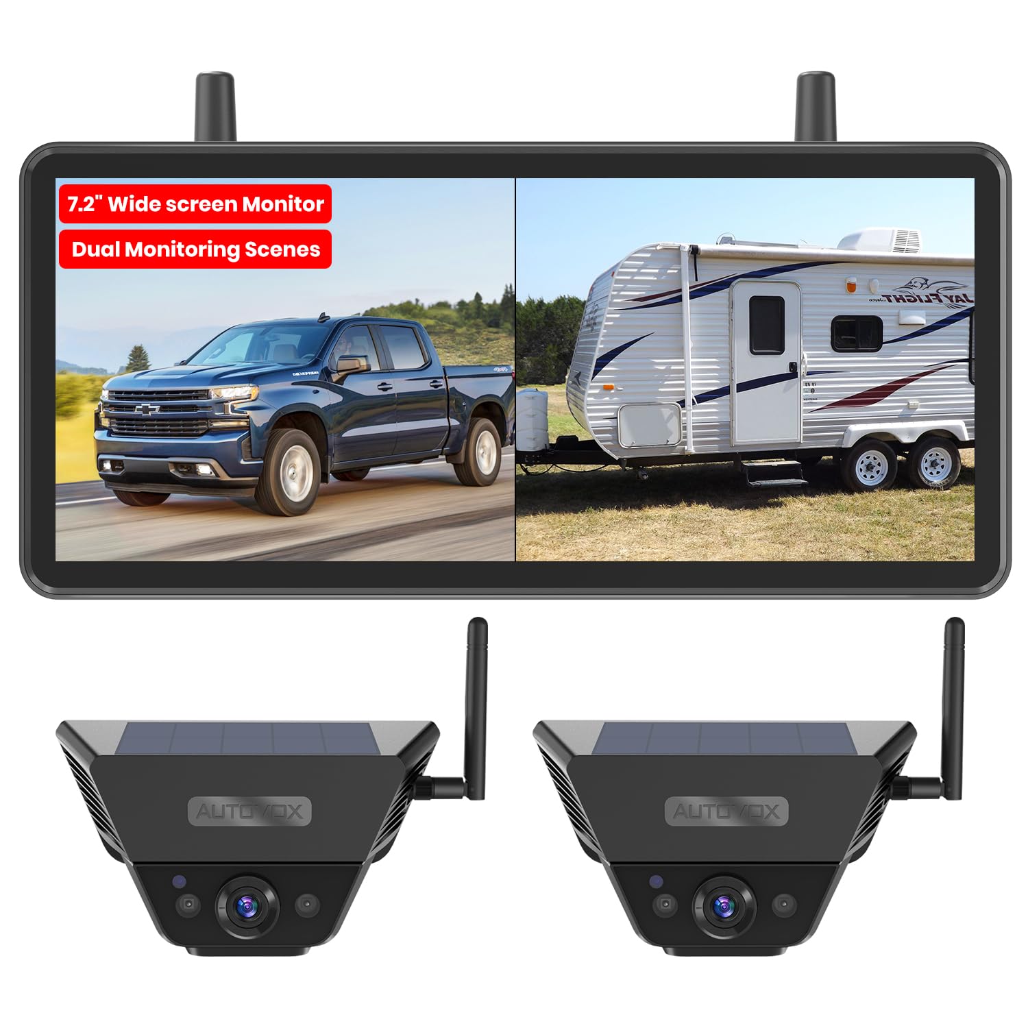 AUTO-VOX Magnetische Solar Rückfahrkamera Kabellose 1080P HD Zwei-Kanal 7.2" 2cam Magnetic für Wohnmobile LKW Anhänger