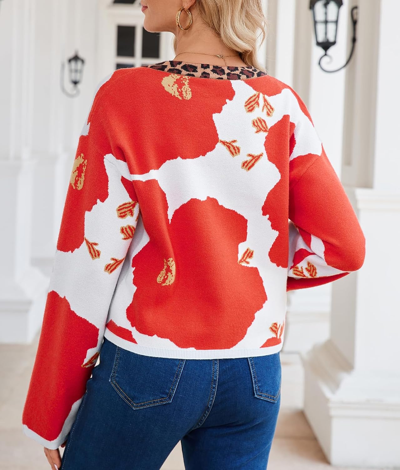 Ladyful Floral Cardigan Sweaters for Women Long Sleeve Leopard Cropped Open Front Button Down Christmas Red Sweater Coats - Image 3