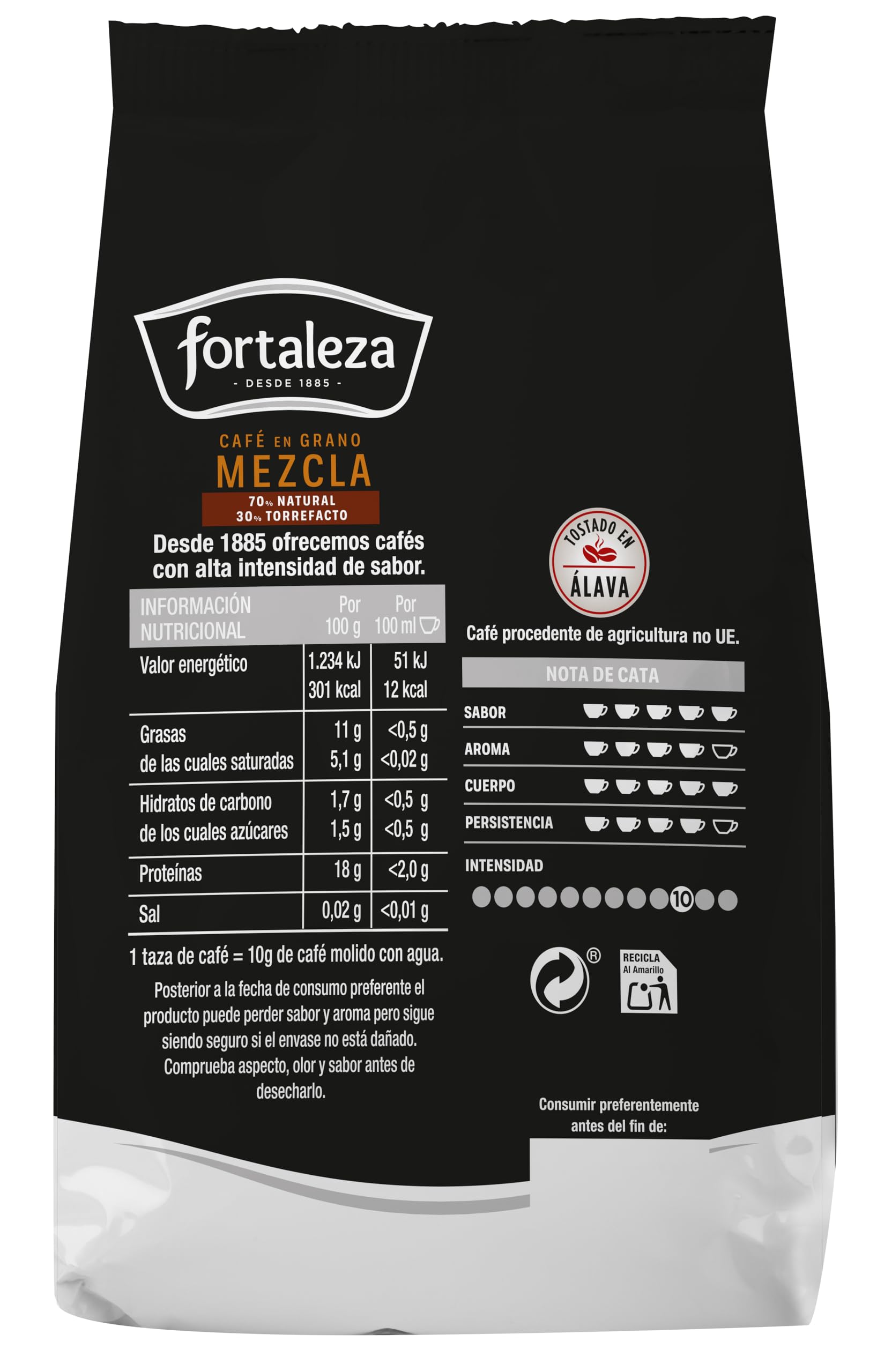 CAFÉ FORTALEZA Café en Grano 500g x 6 - Total 3KG - 70% Tueste Natural y 30% Torrefacto - Café con Matices de Vainilla y Caramelo Intensidad Alta 10/13 -Arábica y Robusta con Sabor Intenso.