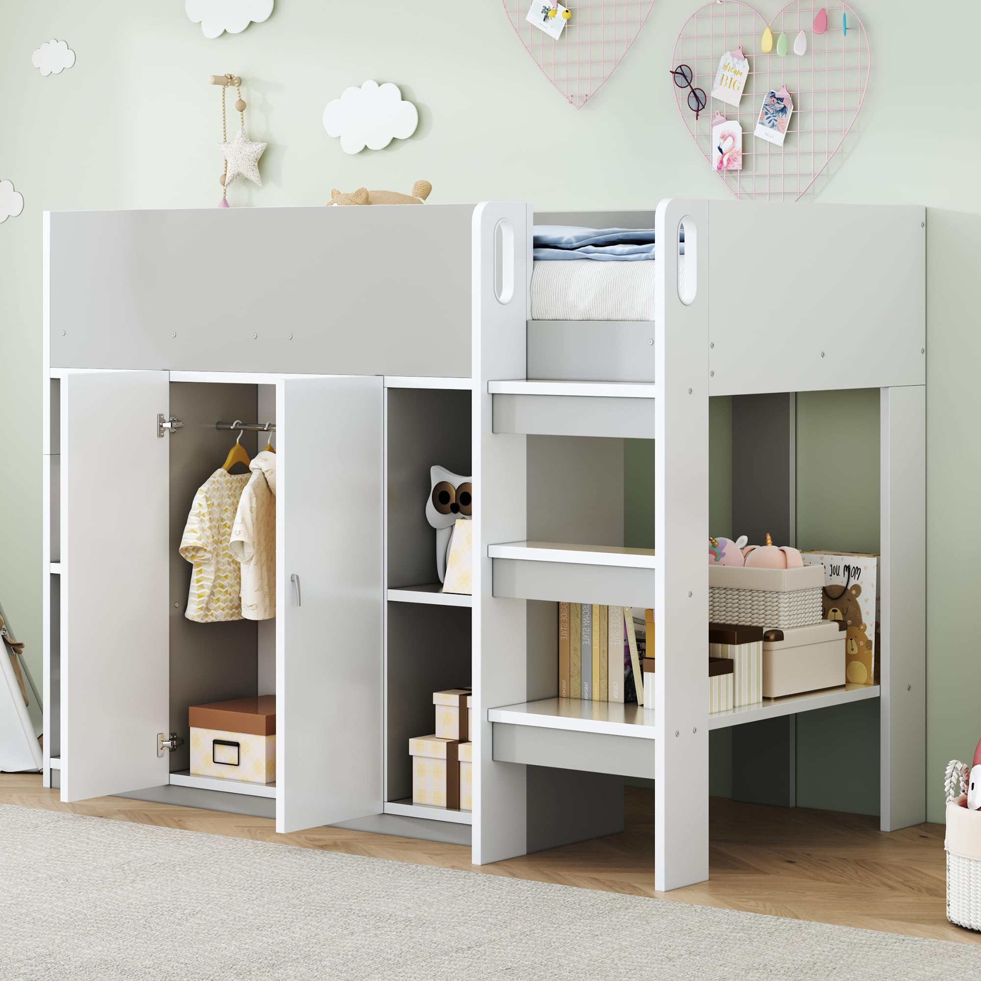 Azkoeesy Letto a Soppalco Singolo con Armadio, 90x200 cm, Spazio di Archiviazione, Scale, Ringhiera e Doghe, per Adolescenti e Adulti, in Truciolame, Grigio