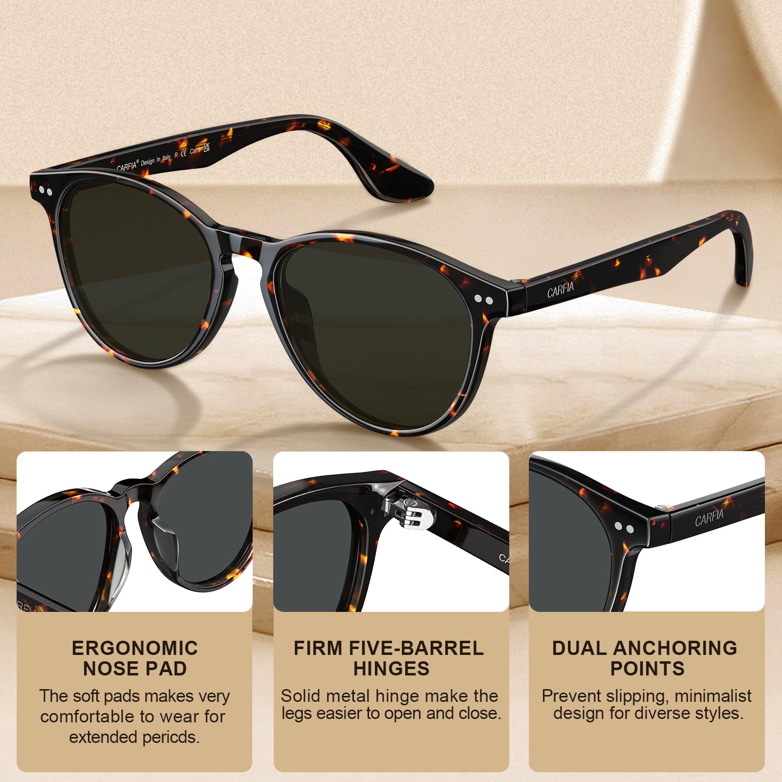 Carfia Damskie okulary przeciwsłoneczne w stylu vintage spolaryzowane UV400 ochrona twarzy małe okulary przeciwsłoneczne octanowe CA5286