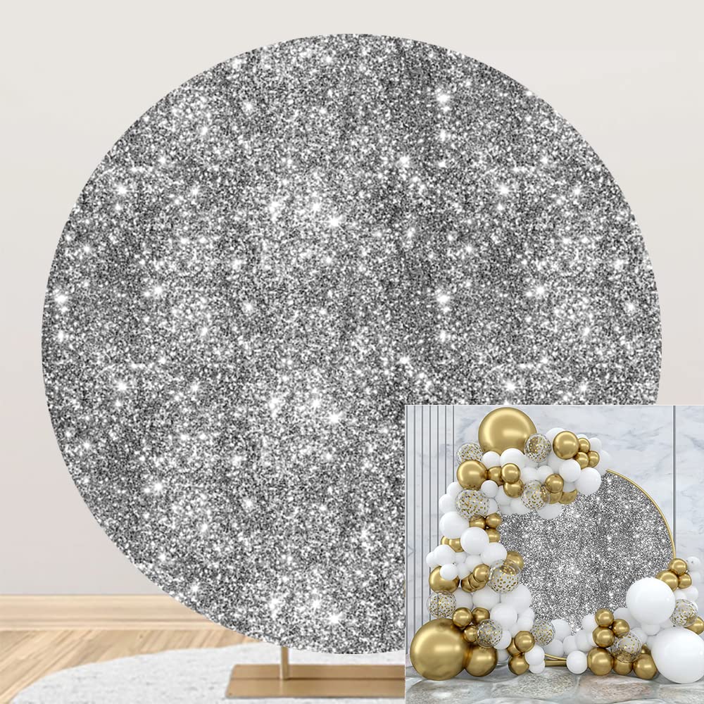OERJU Silver Glitter Sequin Round Backdrop Luxurious Glistening Black Silver Photography Background Circle Backdrop Cover Birthday Wedding Bridal Baby