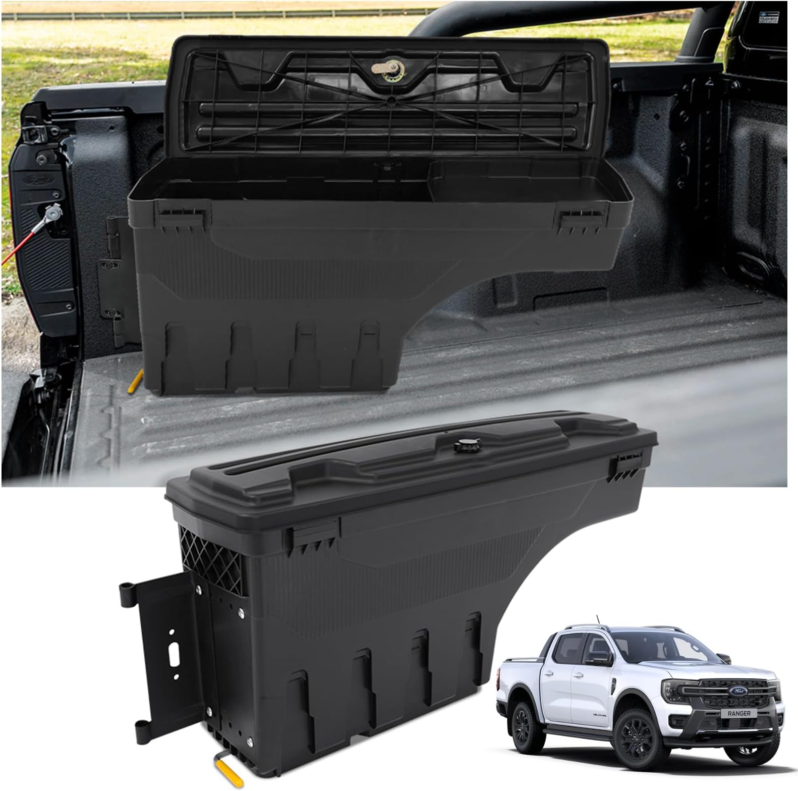 JHCAHN Swing Toolbox for Ford New Next Gen Ranger 2023-2025 T9 Wildtrak Raptor Platinum XL XLT Termor Woldtrak X Space Saving Rear Trunk Organizer Storage Tool Box (Passenger Side)