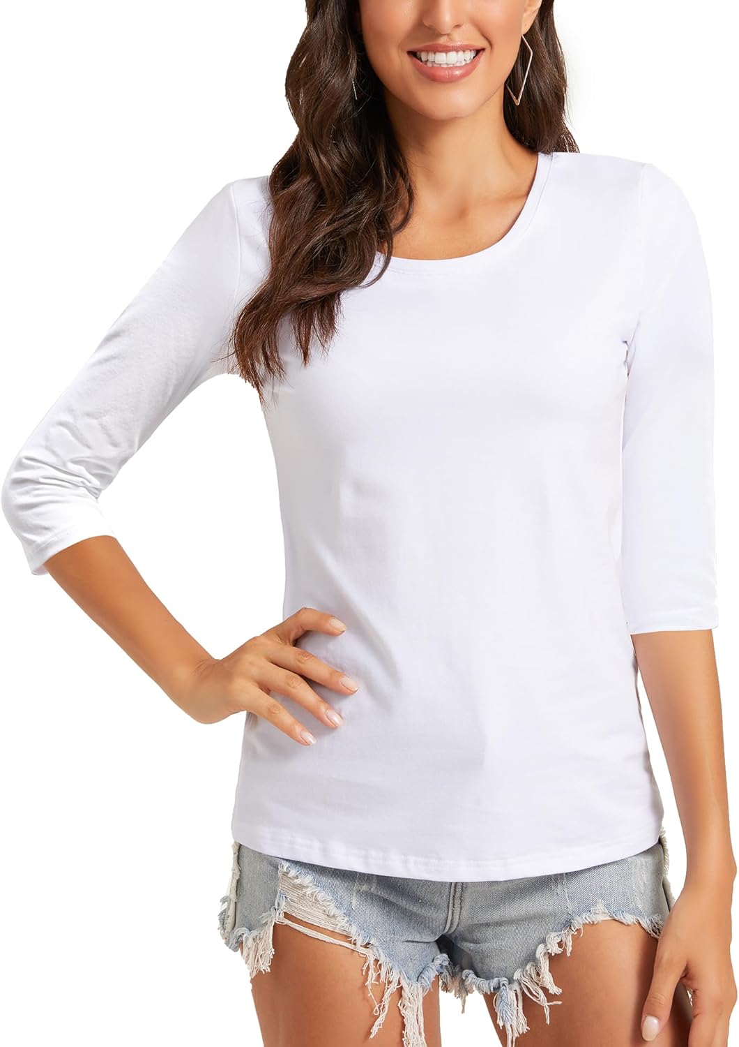 Women's Casual Round Neck 3/4 Sleeve Basic T Shirt Solid Plain Cotton Tops