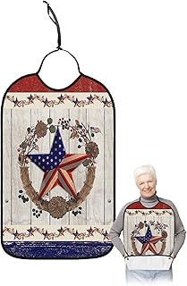 QueenKer Funny Adult Bibs for Eating, Independence Day American Flag Farm Vintage Wooden Board Waterproof Clothing Protector Washable Adult Bib with Crumb Catcher for Men Women Elderl and Seniors