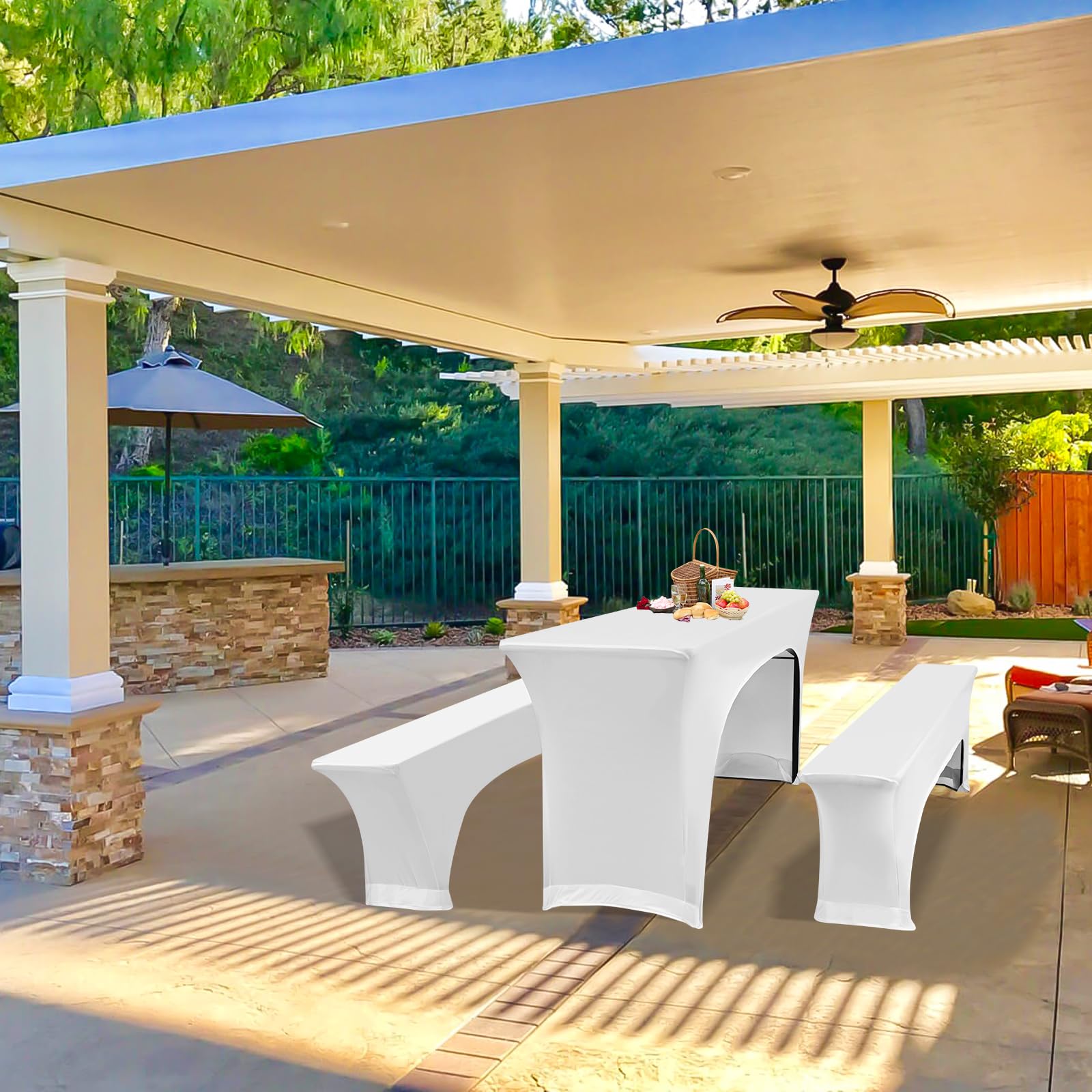 Showgeous 3 Stück weiße Biertischhussen Stretch-Biertisch- und Hockerhussen-Set für 50 cm Tischbreite Bierzelt-Set 220 x 50 x 80 cm für Bankett-Gartenmöbel im Freien