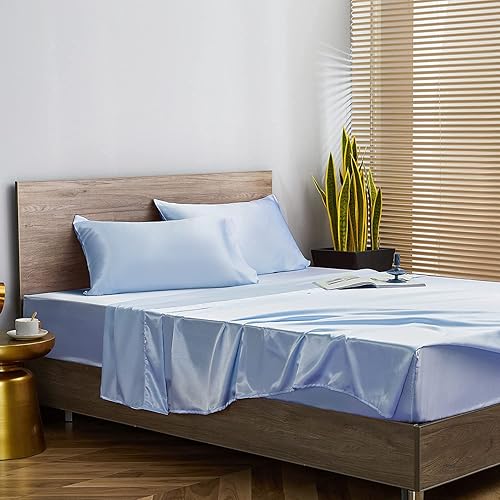 Miniatura 2 de Sábanas de satén de seda, juego de cama de satén de seda con 2 fundas de almohada, sábana bajera de satén, sábana encimera de satén de seda de 15