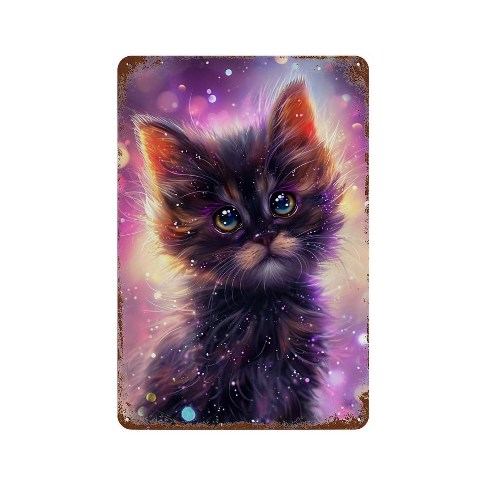 Distressed Metal Wall Sign Magical Galaxy Kitten 11.8"x7.9", Old School Wall Decor for Bistro, Counter And Cafe Decor