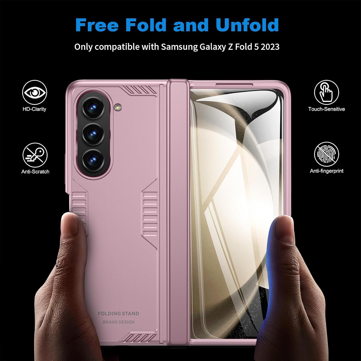 Phone Case for Samsung Z-Fold-5: [Hidden Kickstand][Wireless Charging] Slim Hinge Protection Lightweight Stand Case with Screen Protector- Protective Cover for Galaxy Fold 5 5G 2023 (Rose Gold)