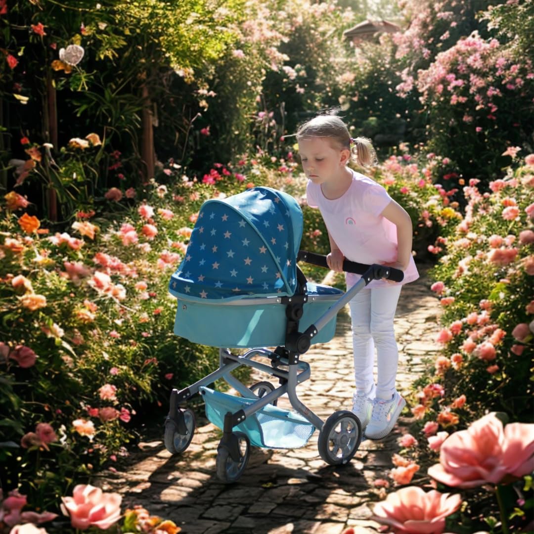 Bayer Chic 2000® Passeggino per bambole 2 in 1 Mika – stelle turchesi – pieghevole – manico regolabile in altezza 47 – 80 cm – struttura moderna – Bambole fino a 52 cm – 4 – 8 J, Flowers
