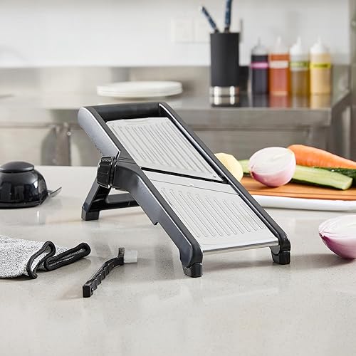 Miniatura 8 de Restaurantware Cortadora de mandolina de 16.1 x 5.3 x 6.4 pulgadas, ajustable con guantes resistentes a cortes, cepillo de limpieza, protector de