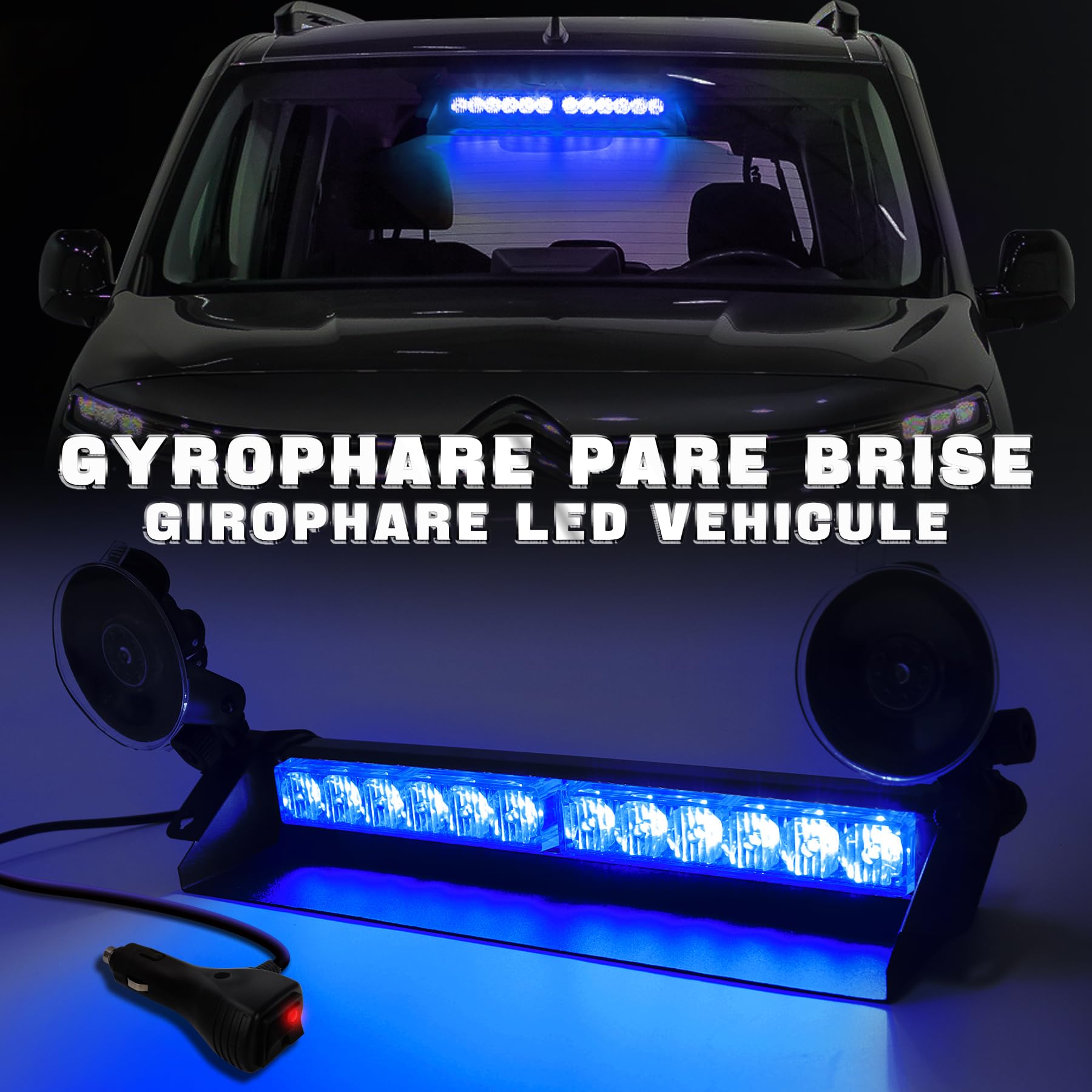 Gyrophare LED Bleu 35,6 cm 12V-24V, 12 LED, 9 Modes IP65 | Fixation par ventouse sur pare-brise, adaptée aux tracteurs, chariots élévateurs, camions et voitures, idéale par pluie