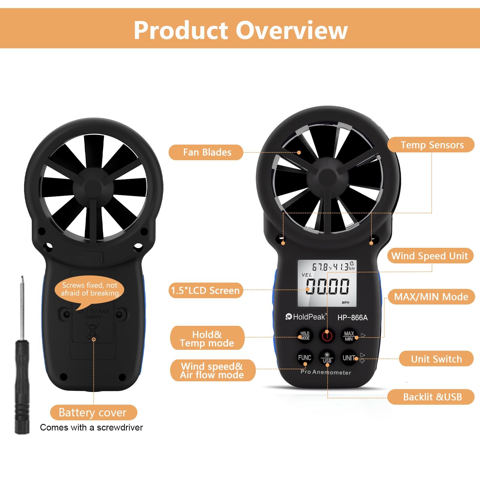 HoldPeak Anémomètre Digital Portable 866A, Anémomètre VMC m3/h avec Mémorisation Des Données, Mesure Débit et Vitesse Du Vent d'air et Humidité, Exportation via USB