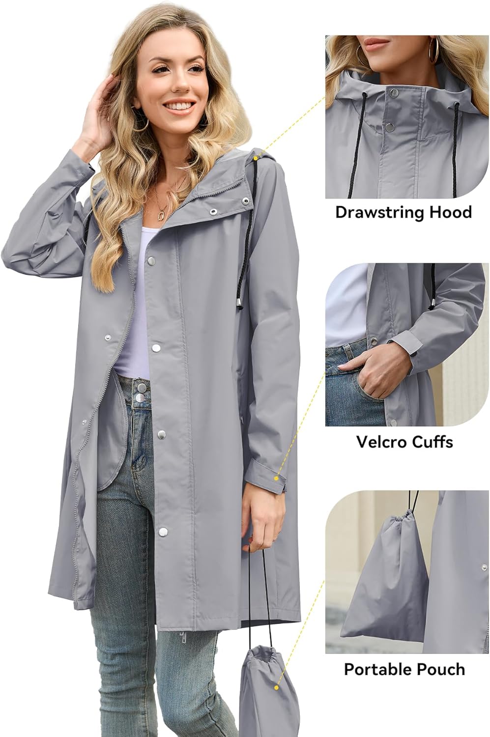 Zando Plus Size Rain Jackets for Women Womens Rain Jacket with Hood Travel Rain Coats for Women Packable Rain Jacket Waterproof Long Raincoat Lightweight Windbreaker Trench Coat Gray 2XL - Image 5