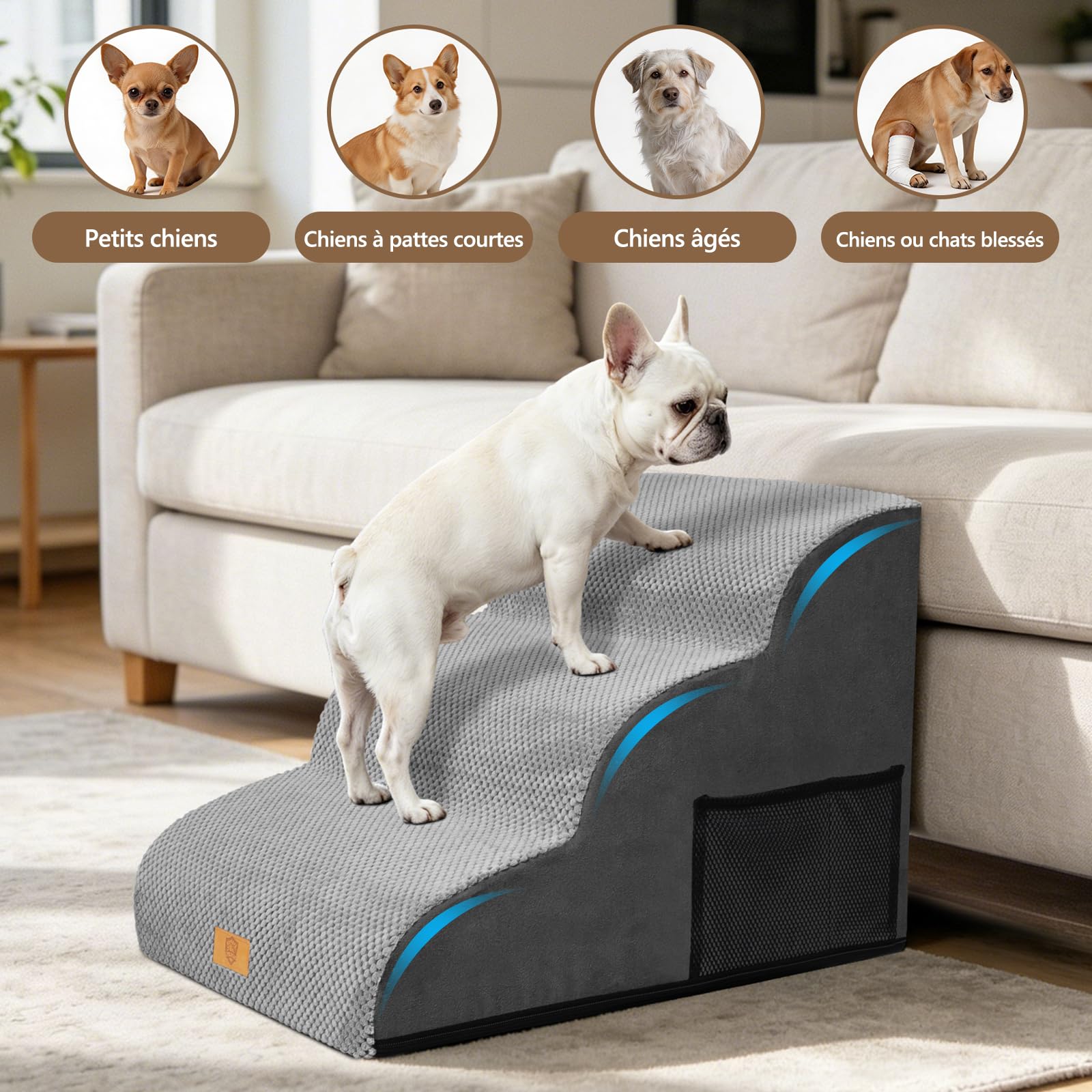 MASTERTOP Escaliers pour Chiens à 3 Marches, Rampe pour Chien Canapé - Gris | Grande Échelle Animaux en Mousse Haute Densité Antidérapante, Housse Amovible - pour Canapé et Lit