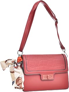 شنطة يد للنساء متوسطة الحجم من الجلد الصناعي بتصميم عصري مقسمة إلى ثلاثة أجزاء في الجزء الداخلي مع حزام طويل من الجلد وسوستة - أسود وأحمر