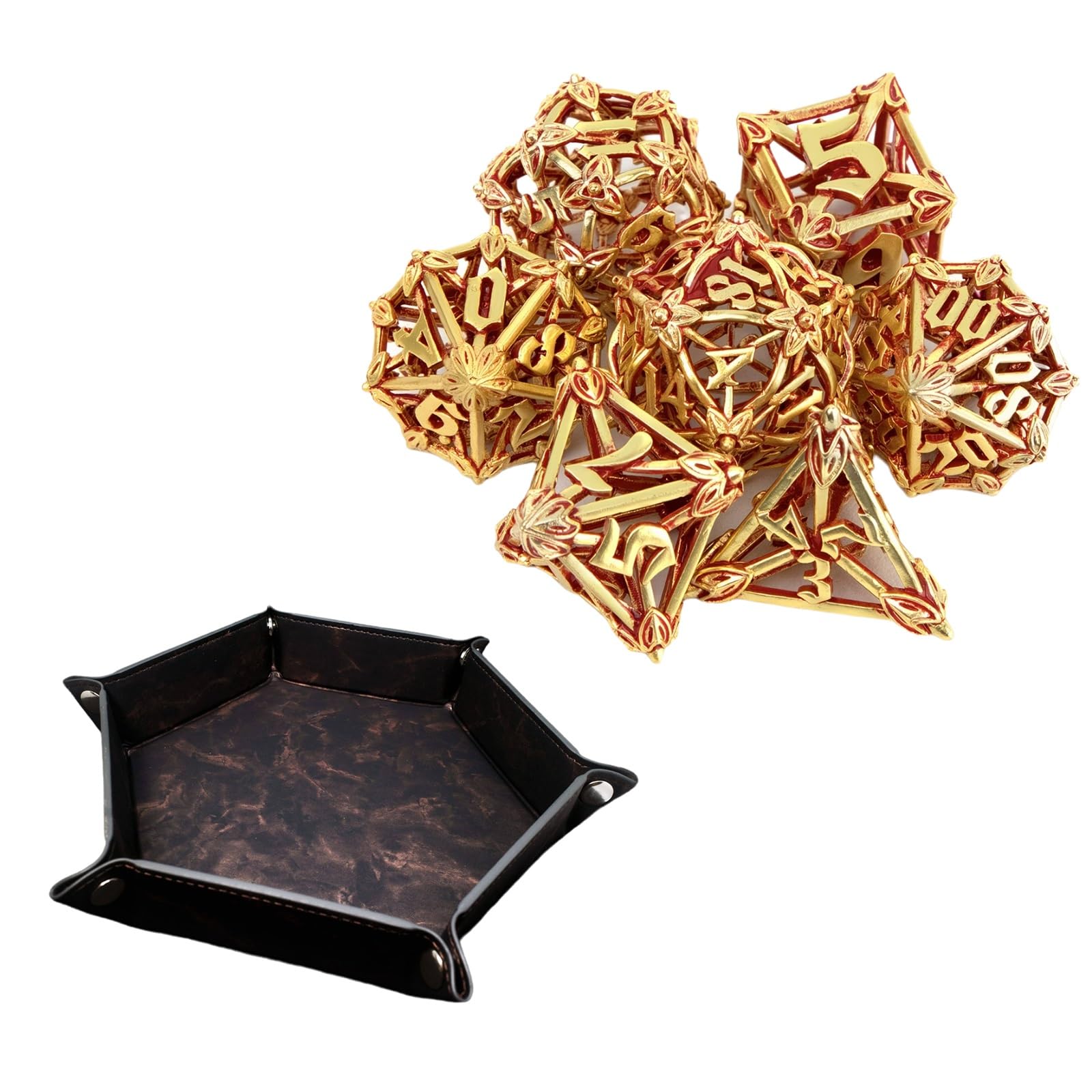 Ensemble de 7 Dés en Métal Dorés, Rouges et Ornés de Feuilles et de Fleurs, Polyèdres Creux, Compatibles avec Les Jeux de Rôle Les Jeux de Plateau et Les Jeux de Cartes