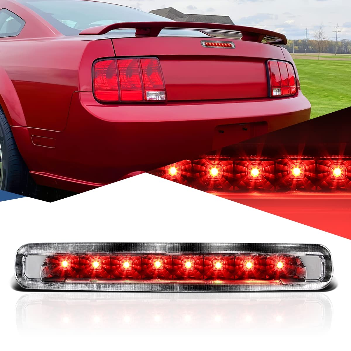 Auto Dynasty LED 3rd Third Brake Light Compatible with 2005-2009 Ford Mustang, Rear Center Cab Cargo Lamp High Mount Stop light, Chrome Housing Clear