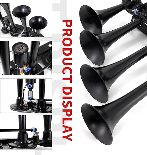 Miniatura 4 de FARBIN Bocina de aire de 4 trompetas de 1224 V, 178 DB, bocina de aire súper fuerte con solenoide eléctrico, universal para tren, camión, SUV,