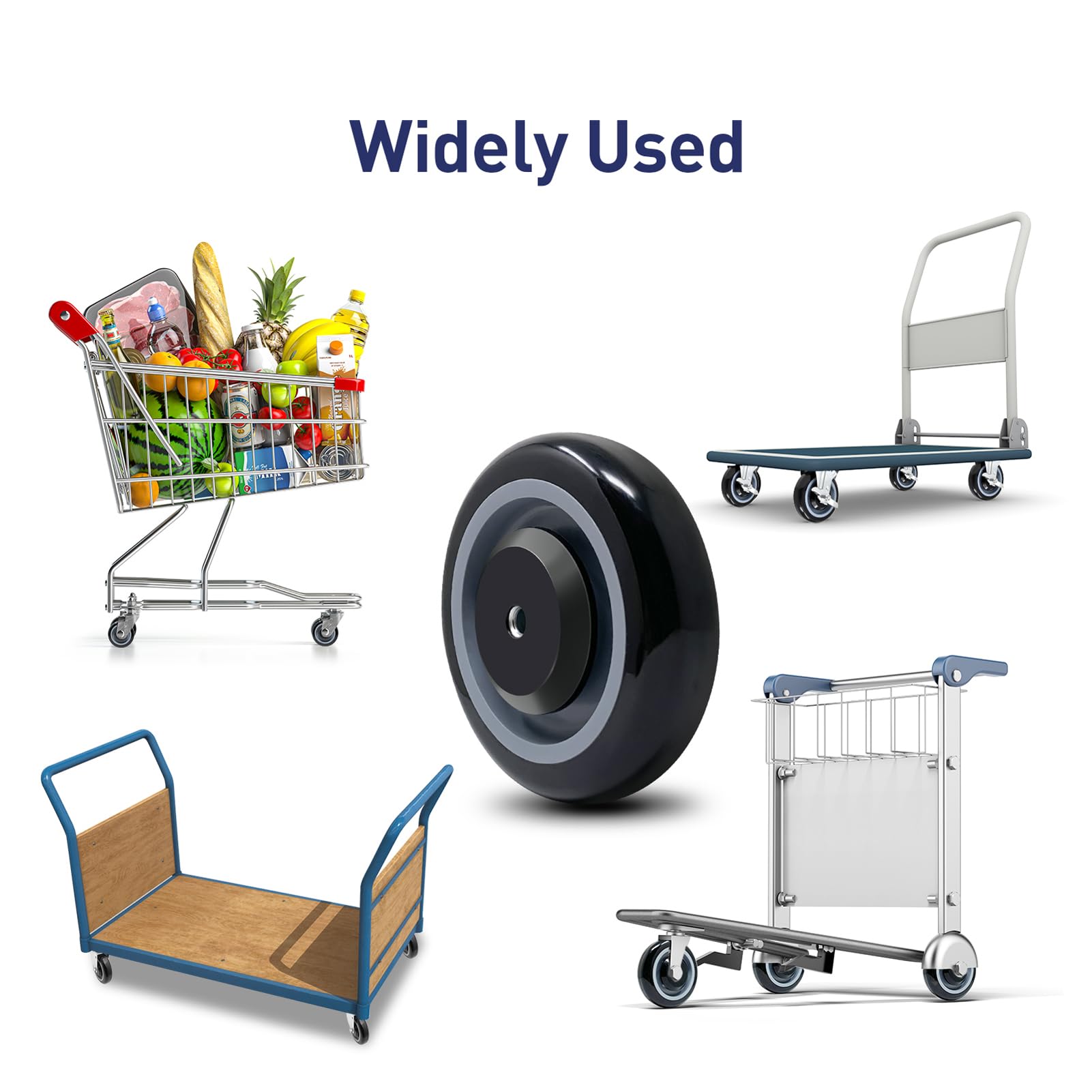 Ruedas giratorias de 5 pulgadas para carrito, eje de 3/8 pulgadas, ruedas de repuesto de poliuretano para carrito de compras, color negro (paquete de 20)
