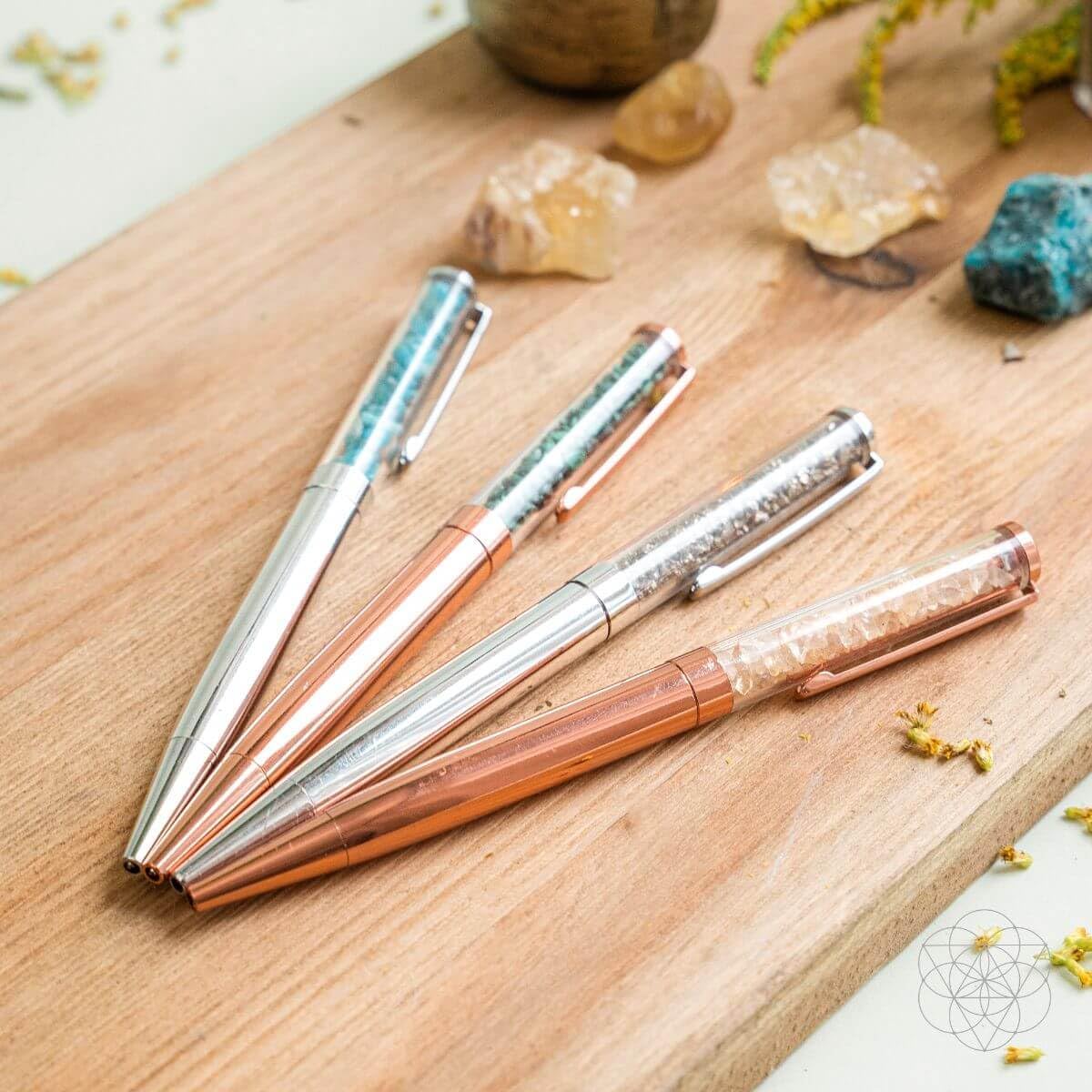 Conscious Items - Rose Gold Crystal Pen Set with Citrine, Malachite, Pyrite, Apatite - Natural Healing Crystals - Unlimited Abundance - Manifestation Set