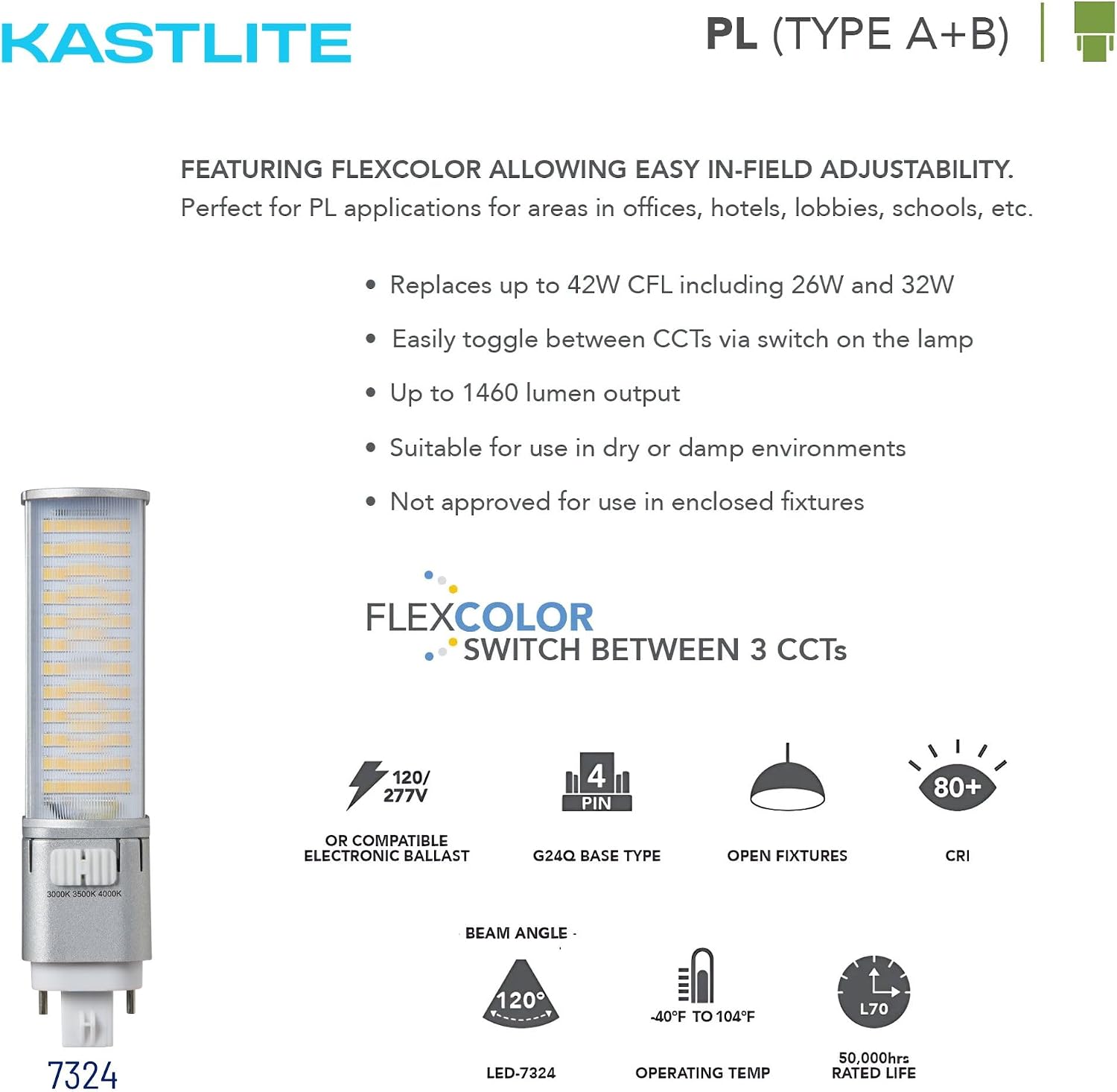 KASTLITE 4-Pin PL LED Lamp, 9W, 3000K/3500K/4000K CCT Switchable, G24q/GX24q Base, 42W CFL Replacement, Hybrid Type A/B, 1200 Lumens, Damp Location Rated, Horizontal Mounting, 10-Pack