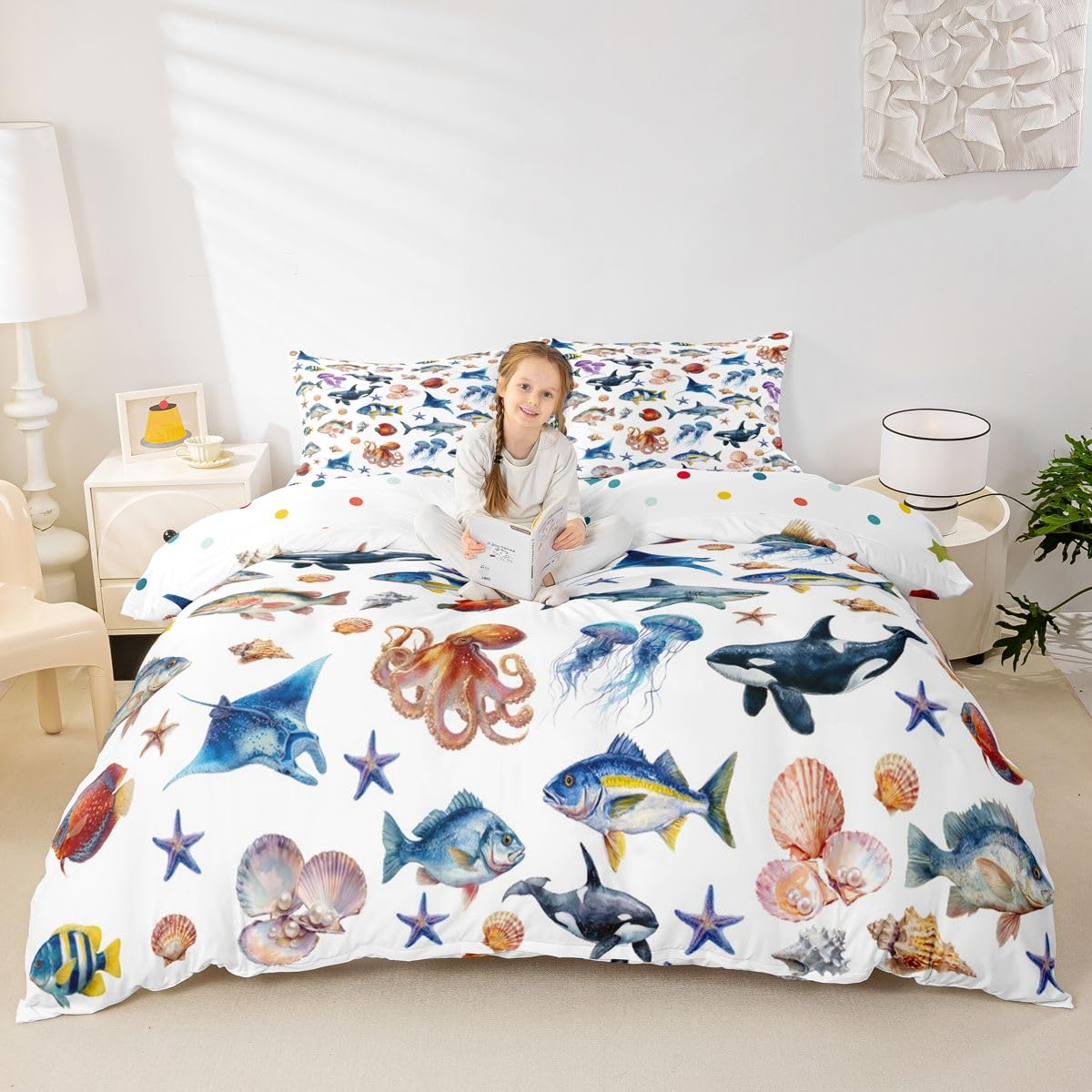 Homewish Ocean Super King poszewka na kołdrę orka wieloryb okonia ryba zestaw pościeli meduza ośmiornica poszewka na kołdrę przybrzeżne życie morskie zestawy łóżek