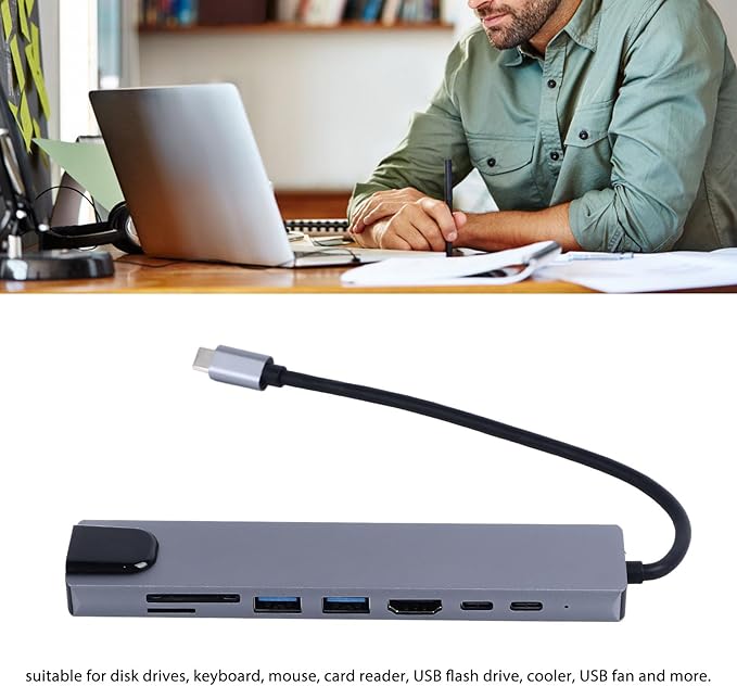 Hub USB C 8 en 1, Adaptador Multipuerto USB C con RJ45, 2 USB 3.0, SD TF, HDTV miniatura 3