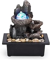 AMOOTEK Tabletop Zen Fountain with Rotating Ball, Rock Waterfall, Colorful Lights & River Rocks - Relaxing Home Office Decor