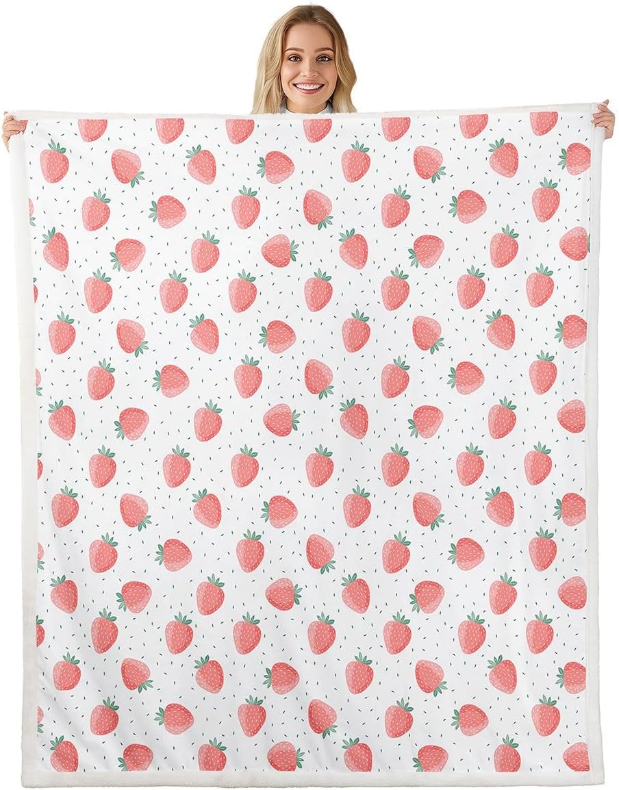 Feelyou Kids Pink Strawberry Sherpa Blanket Queen 90"x90"，Milk Cow Fleece Throw Blanket for Bed Sofa Couch, Kawaii Cute Plush Blanket Fruit