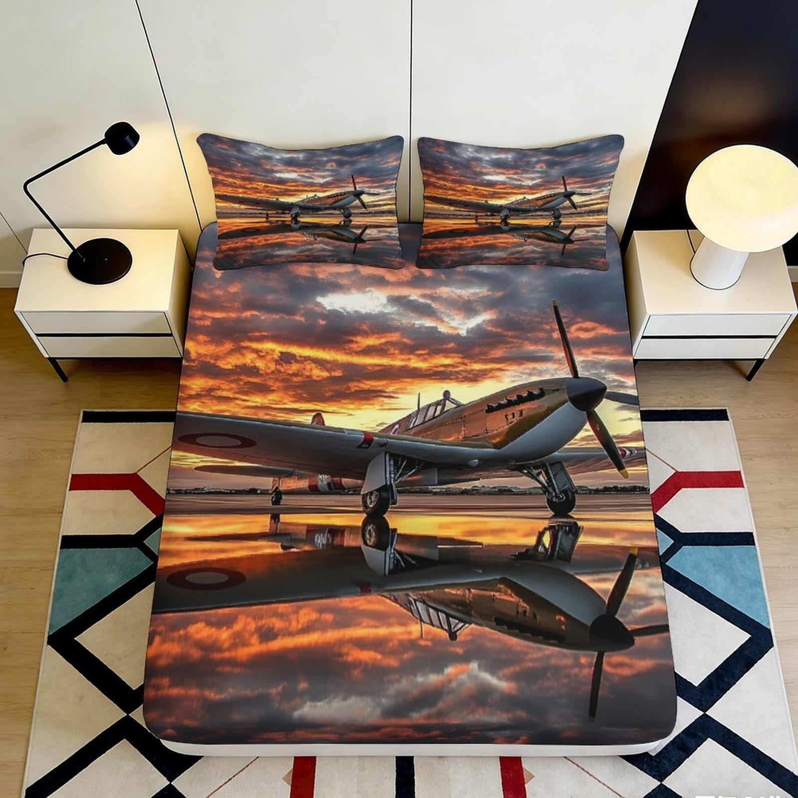3D Printed Vintage Airplane Fitted Sheet Microfiber Soft Durable Sunset Sky Bed Cover for Bedroom Dormitory Guest Room Mattress Protection Decor 120x200x25cm
