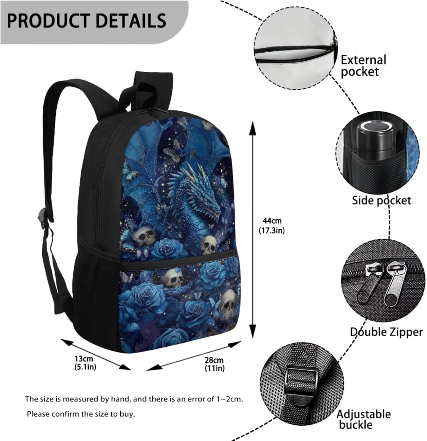 HUIACONG Dragon Backpack with Lunch Box for Boys Girls Rose Skull Bookbag for Elementary School Bags Pecnil Case Water Bottle Holder Back to School