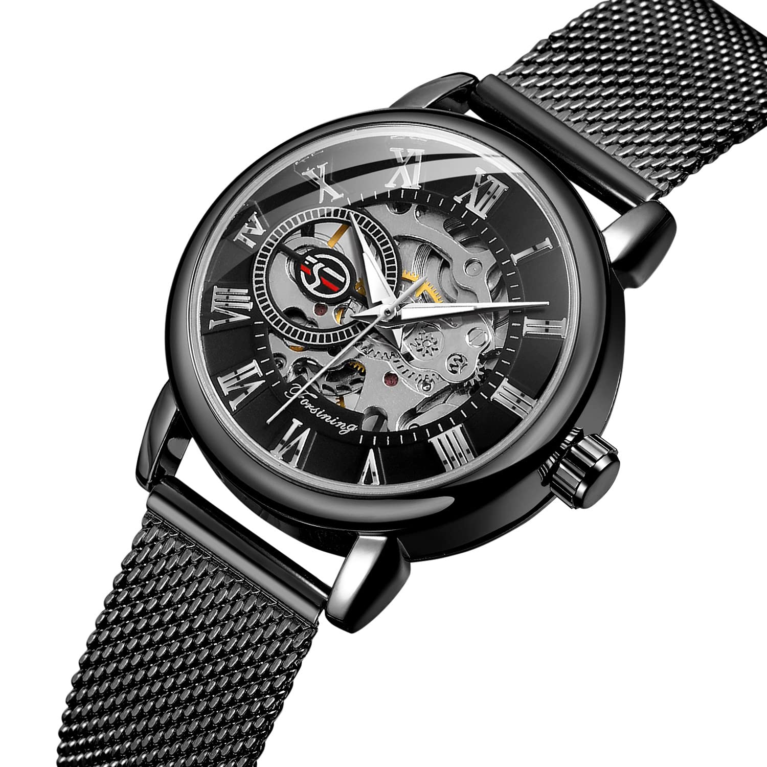 Gosasa Orologio da polso da donna con scheletro, alla moda, meccanico, a carica manuale, cinturino in rete, numeri romani, casual, orologio da polso