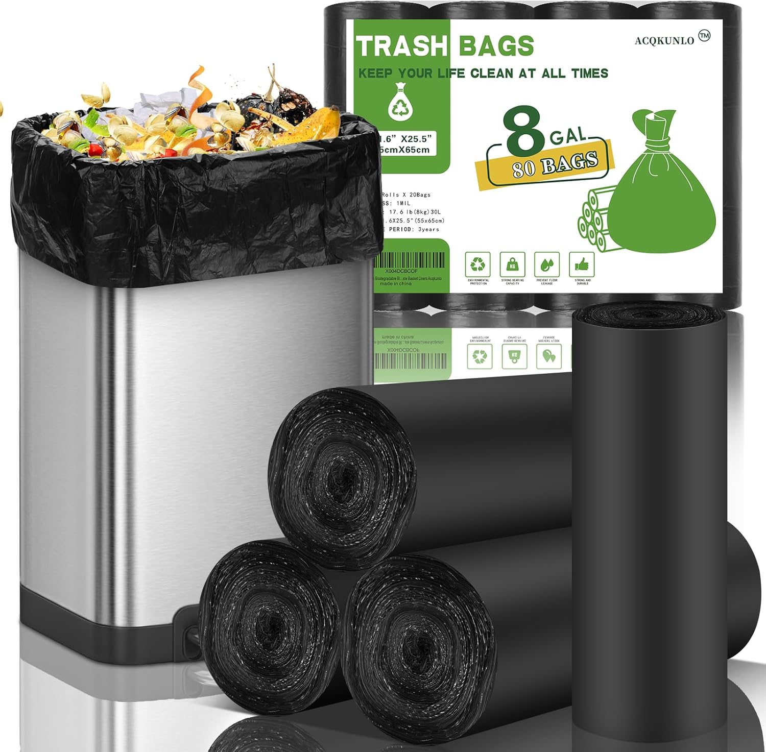 8 Gallon Biodegradable Black Trash Bags Compostable Tall