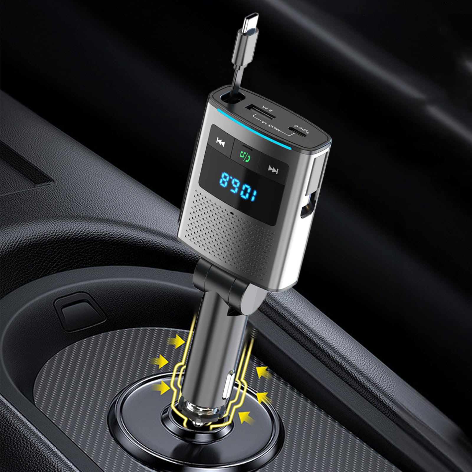 Adaptateur Bluetooth 5.3 80,5 W pour voiture, allume-cigare 3 en 1, émetteur USB & FM, avec câble rétractable de type C de 1 m, 24 V/12 V, adaptateur USB voiture avec kit mains libres pour iPhone